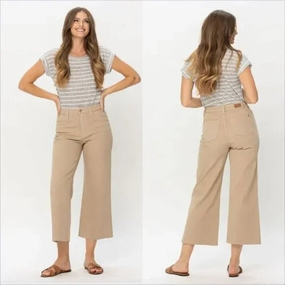 Judy Blue High Waist Khaki Garment Dyed Wide Leg Crop Jeans Raw Hem 9/29 Toffee